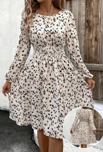 Kadın Uzun Kollu Bot Yaka Beli Lastikli Midi Süprem Elbise