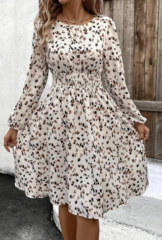 Kadın Uzun Kollu Bot Yaka Beli Lastikli Midi Süprem Elbise