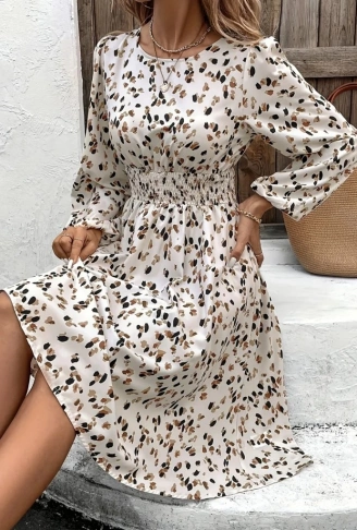 Kadın Uzun Kollu Bot Yaka Beli Lastikli Midi Süprem Elbise