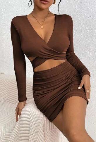 Kadın Uzun Kollu çapraz Dekolte Detaylı Mini Sandy Elbise