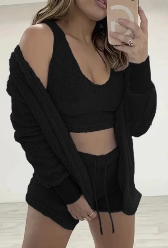 Kadın Uzun Kollu Ceket, Askılı Peluş Bluz Ve şort üçlü Takım