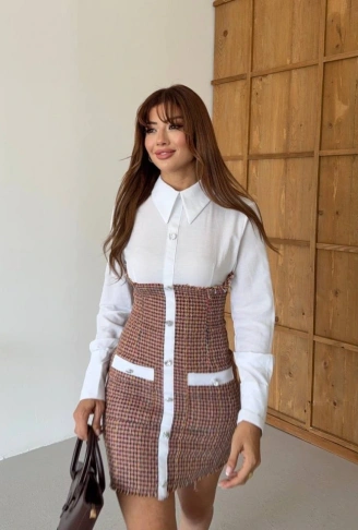 KADIN UZUN KOLLU CEP VE DÜĞME DETAY MİNİ GÖMLEK ELBİSE