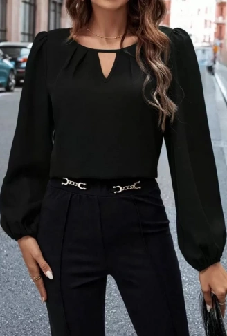 Kadın Uzun Kollu Damla Detaylı Ithal Krep Bluz