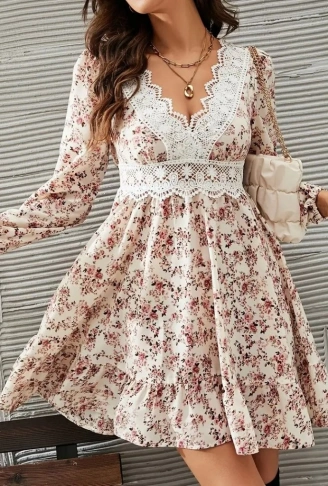 Kadın Uzun Kollu Dantel V Yakalı Mini Desenli Süprem Elbise
