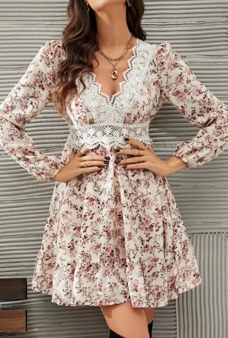 Kadın Uzun Kollu Dantel V Yakalı Mini Desenli Süprem Elbise