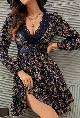 Kadın Uzun Kollu Dantel V Yakalı Mini Desenli Süprem Elbise