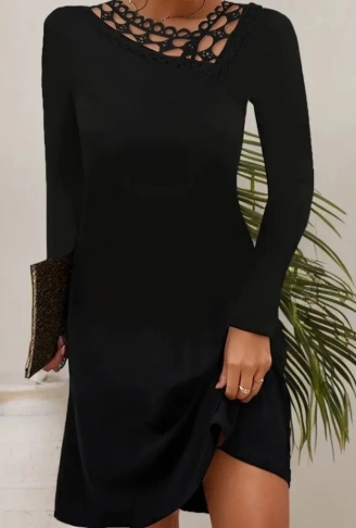 Kadın Uzun Kollu Dantel Yaka Ithal Krep Mini Elbise