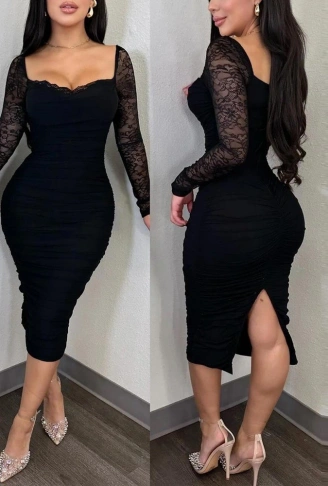 Kadın Uzun Kollu Dantelli Büzgü Detaylı Yırtmaçlı Midi Sandy Elbise