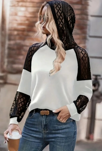 Kadın Uzun Kollu Dantelli Kapşonlu Viskon Iki Iplik Bluz