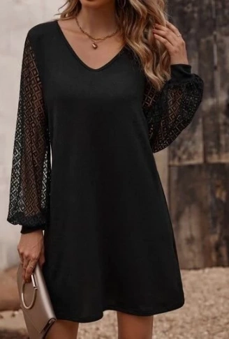 Kadın Uzun Kollu Dantelli V Yakalı Kısa Ithal Krep Elbise