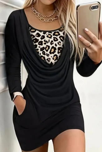 Kadın Uzun Kollu Degaje Yaka Leopar Detaylı Cepli Kısa Sandy Elbise