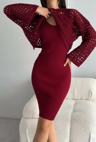 Kadın Uzun Kollu Delikli Kazak Askılı Elbise Triko Ikili Takım