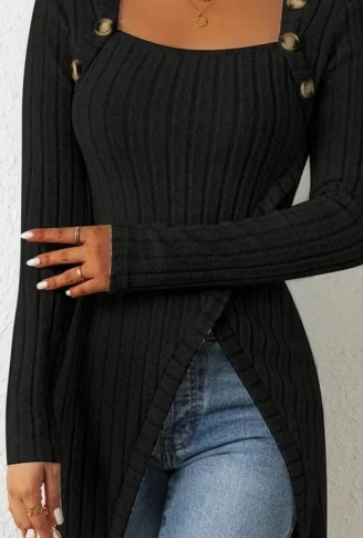 Kadın Uzun Kollu Derin Kare Yaka Düğme Detay şardonlu Kaşkorse Kruvaze Bluz