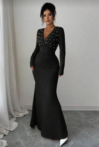 Kadın Uzun Kollu Derin V Yaka Inci Detay Maxi Boy Elbise