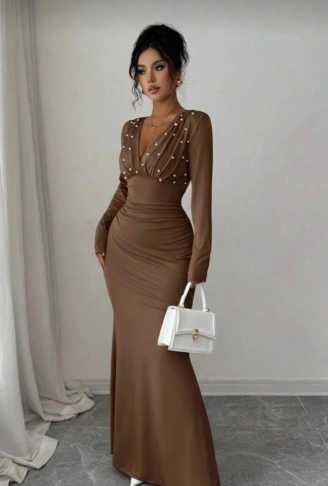 Kadın Uzun Kollu Derin V Yaka Inci Detay Maxi Boy Elbise