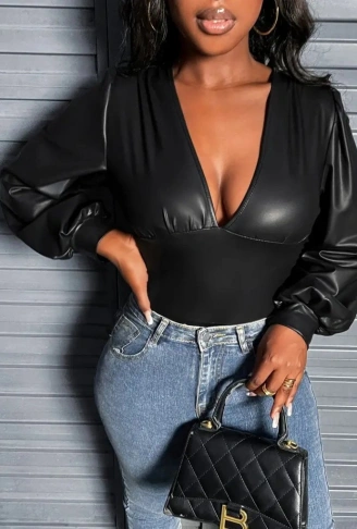 Kadın Uzun Kollu Derin V Yakalı Deri Zıbın