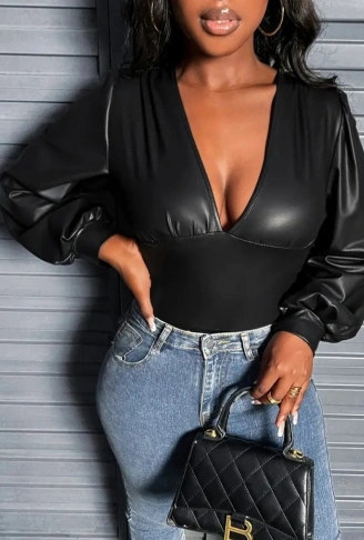 Kadın Uzun Kollu Derin V Yakalı Deri Zıbın