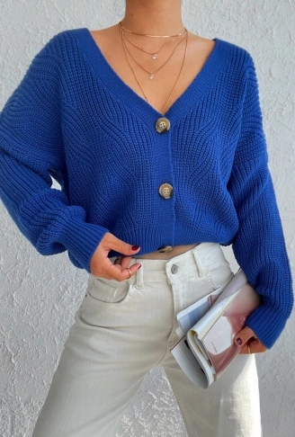 Kadın Uzun Kollu Düğme Detay Triko Hırka