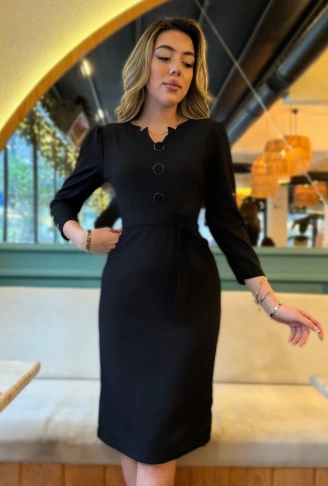 Kadın Uzun Kollu Düğme Detaylı Kendinden Kemerli Ithal Krep Elbise