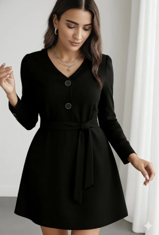 Kadın Uzun Kollu Düğme Detaylı Kendinden Kemerli Ithal Krep Elbise