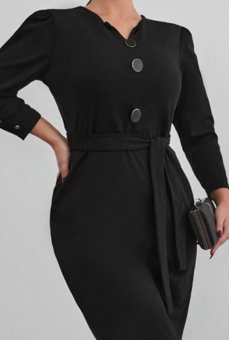 Kadın Uzun Kollu Düğme Detaylı Kendinden Kemerli Ithal Krep Elbise