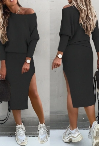 Kadın Uzun Kollu Düşük Omuz Yırtmaç Detay Kaşkorse Etek Bluz Ikili Takım