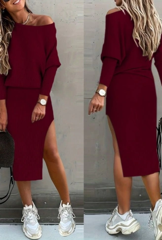 Kadın Uzun Kollu Düşük Omuz Yırtmaç Detay Kaşkorse Etek Bluz Ikili Takım