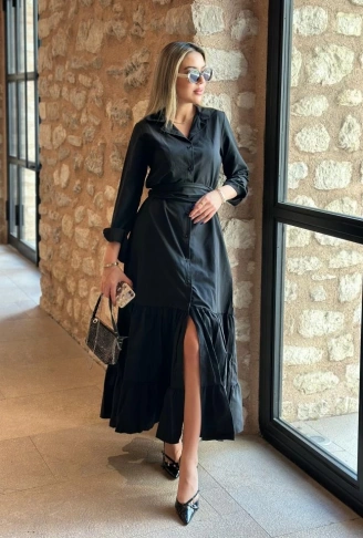 Kadın Uzun Kollu Eteği Fırfırlı Beli Kuşaklı Trikoton Tam Boy Gömlek Elbise