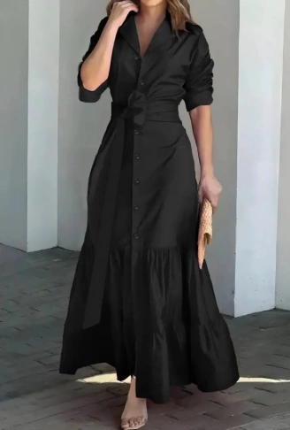 Kadın Uzun Kollu Eteği Fırfırlı Beli Kuşaklı Trikoton Tam Boy Gömlek Elbise