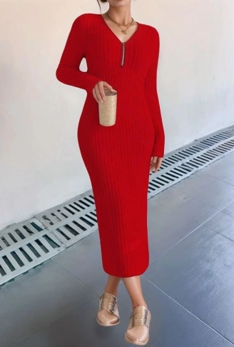 Kadın Uzun Kollu Fermuar Detay Fitilli Kaşkorse Kumaş Maxi Boy Elbise