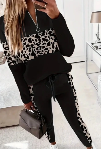 Kadın Uzun Kollu Fermuarlı Karışık Desenli Viskon Iki Iplik Bluz Ve Pantolon Ikili Takım