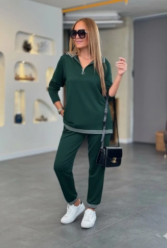 Kadın Uzun Kollu Fermuarlı şerit Detay Desenli Alt üst Ikili Viskon Iki Iplik Takım