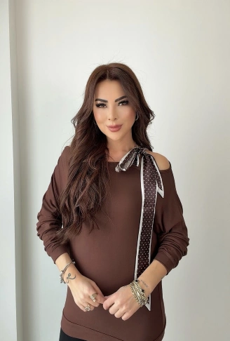 Kadın Uzun Kollu Fular Detay çilek Kumaş Bluz