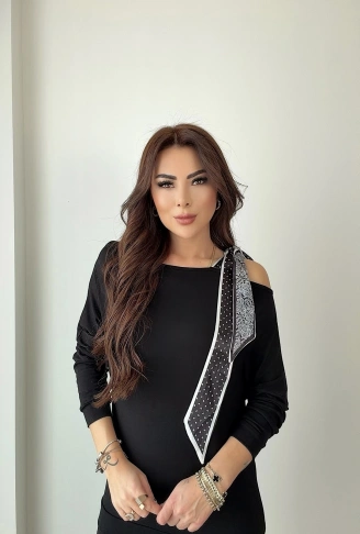 Kadın Uzun Kollu Fular Detay çilek Kumaş Bluz