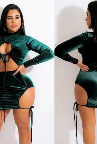 Kadın Uzun Kollu Full Dekolte Detay Kadife Kumaş Elbise