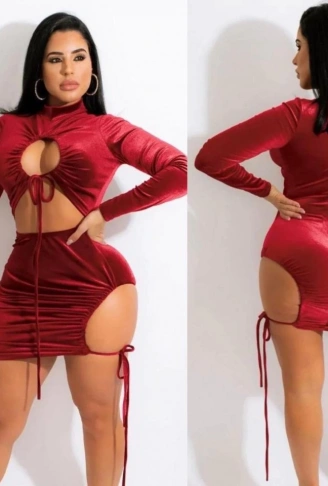 Kadın Uzun Kollu Full Dekolte Detay Kadife Kumaş Elbise