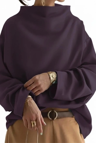 Kadın Uzun Kollu Geniş Balıkçı Yaka Modal Mürdüm Bluz