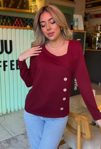 Kadın Uzun Kollu Geometrik Yaka Detay Yandan Düğmeli Viskon Iki Iplik Bluz