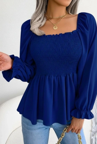 Kadın Uzun Kollu Geometrik Yakalı Gipe Detaylı Krep Bluz