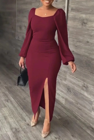 Kadın Uzun Kollu Geometrik Yakalı Yandan Yırtmaçlı Uzun Janjan Krep Elbise