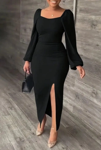 Kadın Uzun Kollu Geometrik Yakalı Yandan Yırtmaçlı Uzun Janjan Krep Elbise