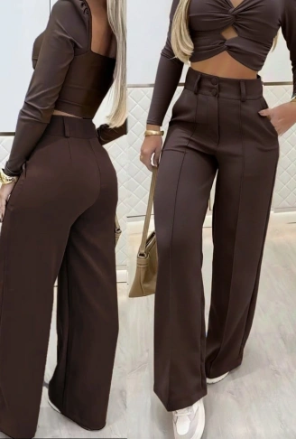 Kadın Uzun Kollu Göğüs Dekolteli Ithal Krep Bluz Ve Pantolon Ikili Takım