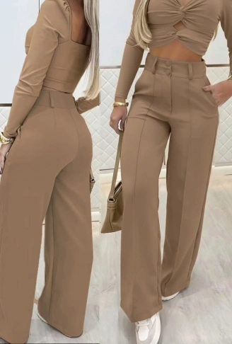 Kadın Uzun Kollu Göğüs Dekolteli Ithal Krep Bluz Ve Pantolon Ikili Takım