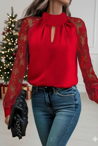 Kadın Uzun Kollu Göğüs Pencere Detay Yaka Boğazlı Kolları Tüllü Sandy Bluz