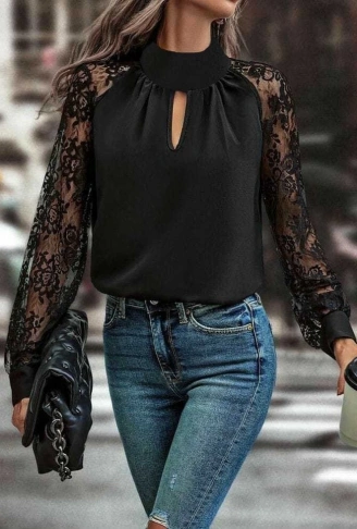 Kadın Uzun Kollu Göğüs Pencere Detay Yaka Boğazlı Kolları Tüllü Sandy Bluz