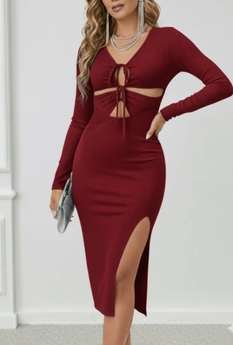 Kadın Uzun Kollu Göğüs Ve Göbek Dekolte Detay Sandy Midi Boy Elbise