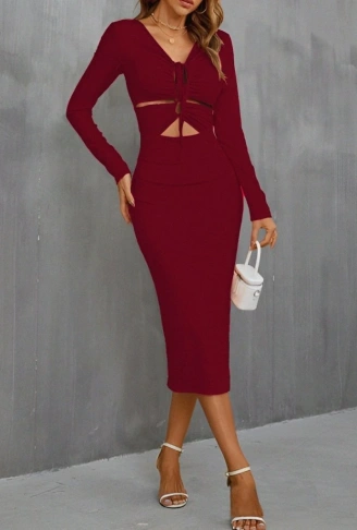 Kadın Uzun Kollu Göğüs Ve Göbek Dekolte Detay Sandy Midi Boy Elbise