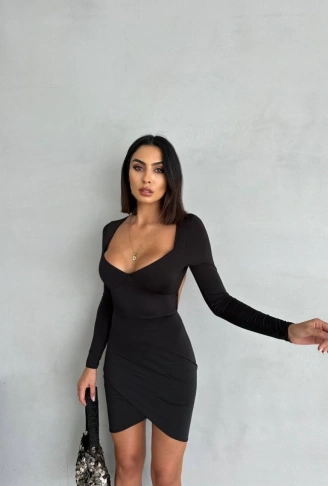 Kadın Uzun Kollu Göğüs Ve Sırt Dekolteli Kruvaze Etek Detay Fırsat ürün Mini Elbise