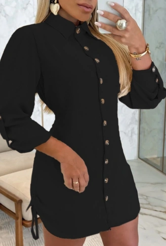 Kadın Uzun Kollu Gömlek Yaka önden Düğmeli Yanlardan Büzgülü Kısa Aerobin Elbise