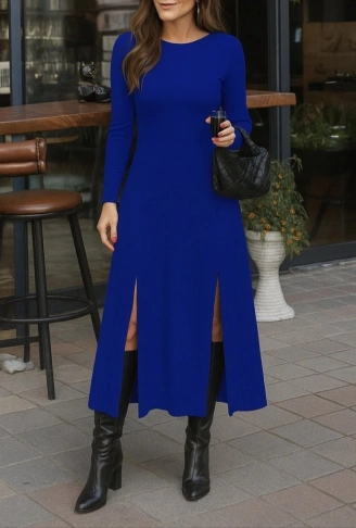 Kadın Uzun Kollu Hafif Kayık Yaka Sırt Dekolteli Yırtmaç Detaylı Viskon Tam Boy Elbise